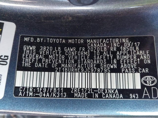 2018 Toyota Corolla Le მანქანა იყიდება აუქციონზე, vin: 2T1BURHE9JC978795, აუქციონის ნომერი: 43006671