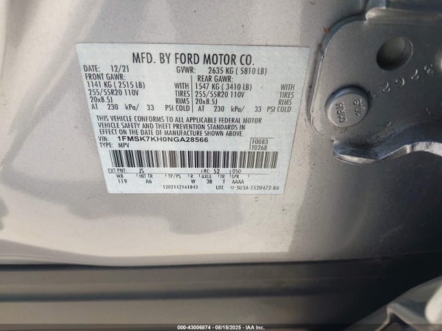 Ford ecoboost 2022 1FMSK7KH0NGA28566 Image 9