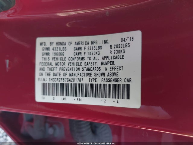 1HGCR2F57GA201787 Honda k24w1