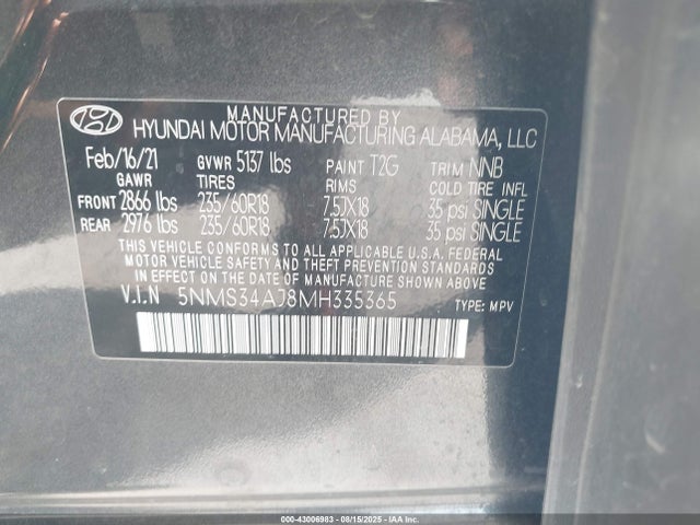5NMS34AJ8MH335365 Hyundai gdi theta iii