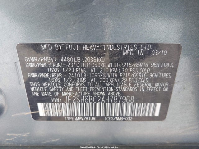 Продажа на аукционе авто 2010 Subaru Forester 2.5x, vin: JF2SH6BC2AH787968, номер лота: 43006984
