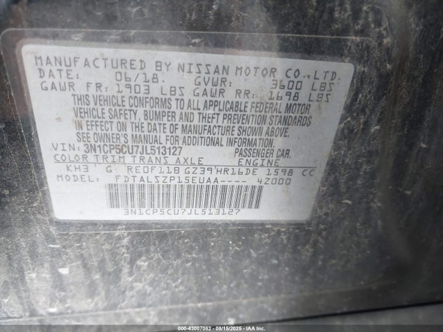 Продаж на аукціоні авто 2018 Nissan Kicks Sv, vin: 3N1CP5CU7JL513127, номер лоту: 43007082