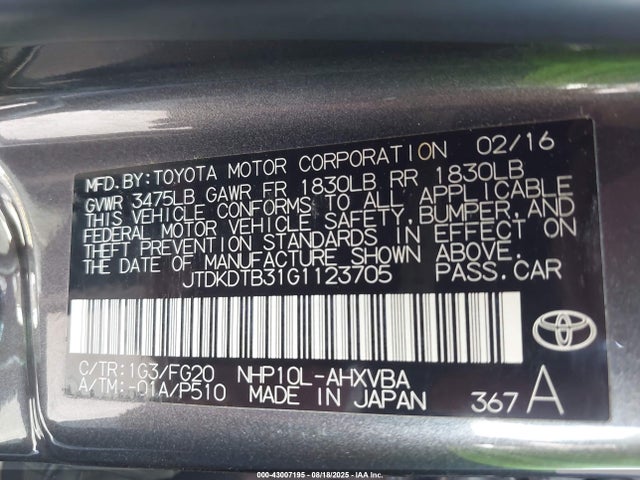 JTDKDTB31G1123705 Toyota 1nz-fxe+1lm