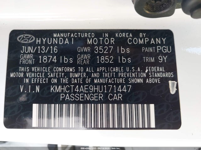 KMHCT4AE9HU171447 Hyundai Accent