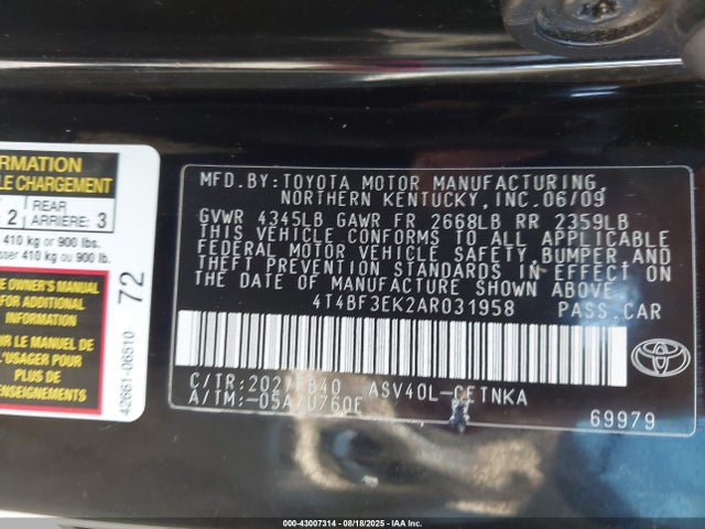 Auction sale of the 2010 Toyota Camry Le, vin: 4T4BF3EK2AR031958, lot number: 43007314