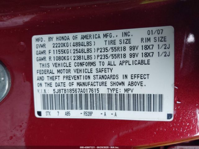 2007 ACURA RDX 5J8TB18567A017615 Photo 8