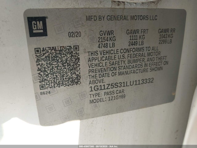1G11Z5S31LU113332 Chevrolet lfx - spark ignited direct injection, vvt, e85 max, alum