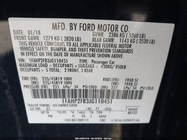 Ford 3.5l ti-vct 2018 1FAHP2F83JG110451 Image 9