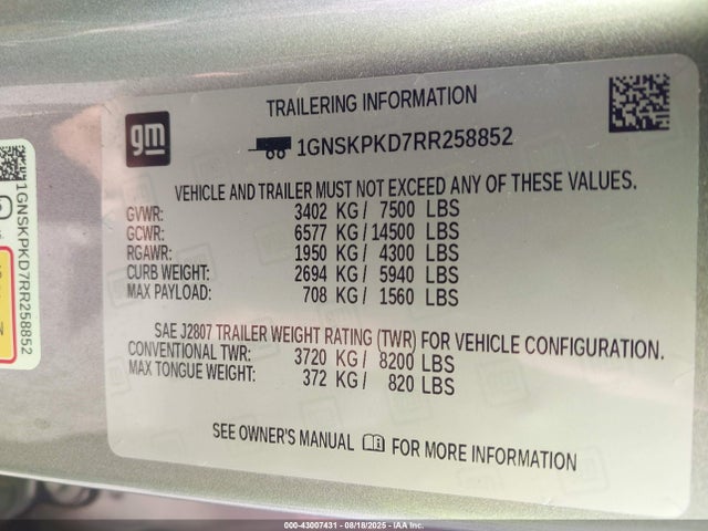 1GNSKPKD7RR258852 Chevrolet l84