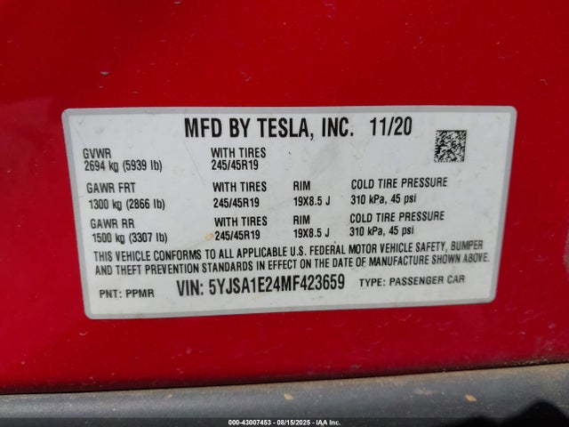 2021 TESLA MODEL S 5YJSA1E24MF423659 Photo 8