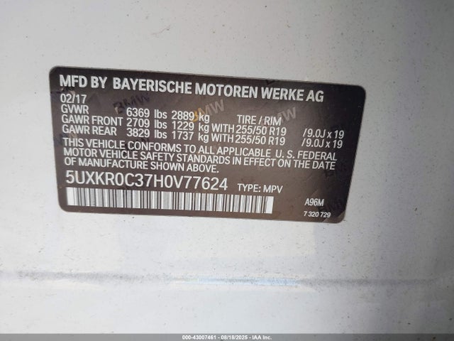 Aukcja sprzedaży 2017 Bmw X5 Xdrive35i, vin: 5UXKR0C37H0V77624, numer aukcji: 43007461