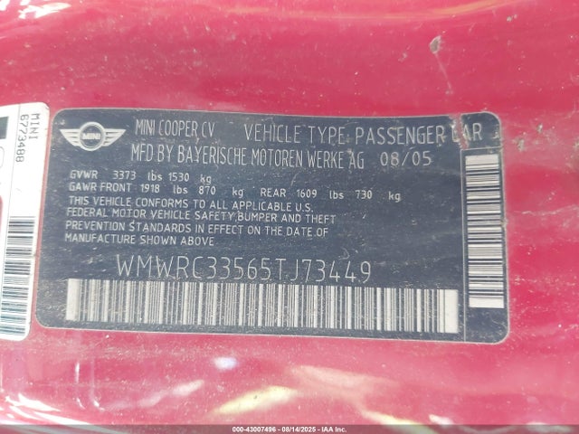 2005 MINI COOPER WMWRC33565TJ73449 Photo 8