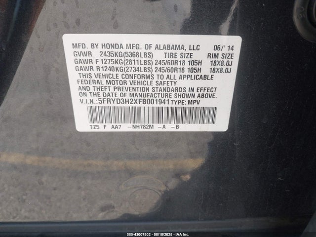 Acura j35y5 2015 5FRYD3H2XFB001941 Image 9