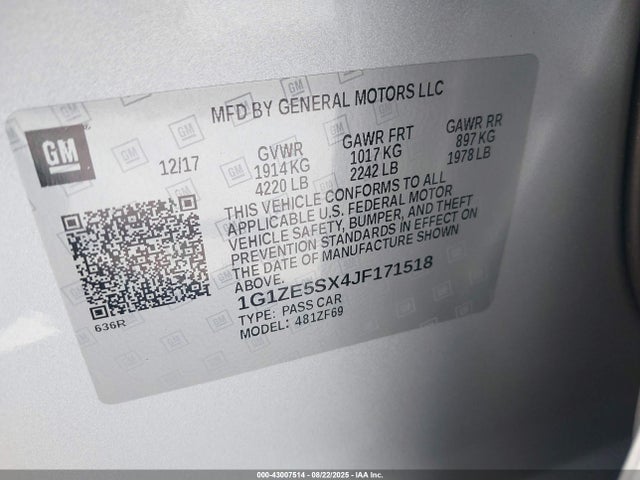 1G1ZE5SX4JF171518 Chevrolet ltg - spark ignited direct injection, variable valve timing, alum dohc, dcvcp turbo, e0-e100, alum