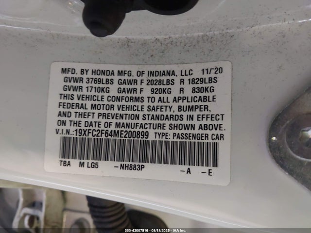 Honda k20c2 2021 19XFC2F64ME200899 Image 9
