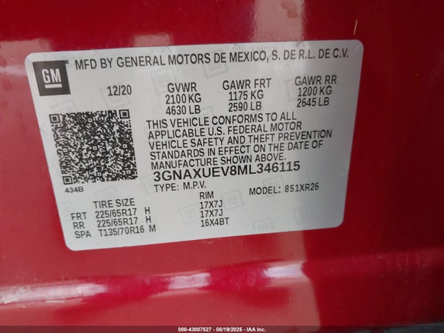 3GNAXUEV8ML346115 Chevrolet lyx