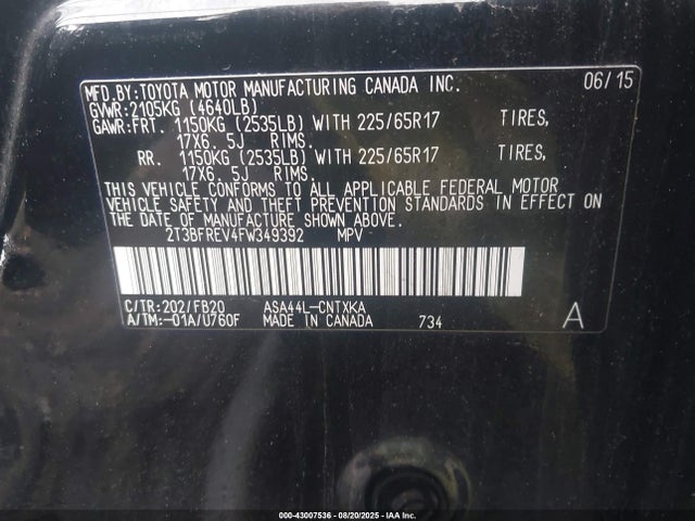 Toyota 2ar-fe 2015 2T3BFREV4FW349392 Image 9