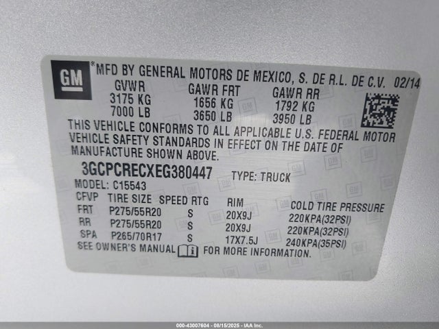 3GCPCRECXEG380447 Chevrolet l83 - vvt, afm (active fuel management), aluminum