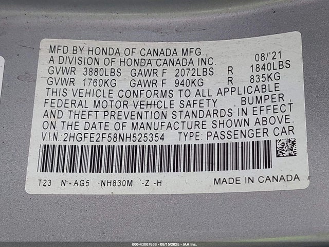 Honda k20c2 2022 2HGFE2F58NH525354 Image 9