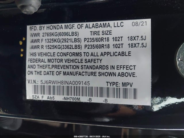 2020 Honda Cr-v Awd Ex-l მანქანა იყიდება აუქციონზე, vin: 2HKRW2H83LH672671, აუქციონის ნომერი: 43007726