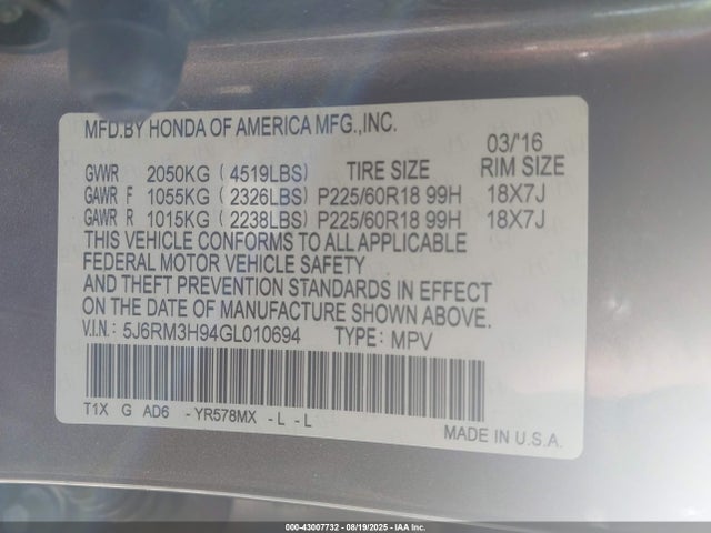 Honda k24w9 2016 5J6RM3H94GL010694 Image 9