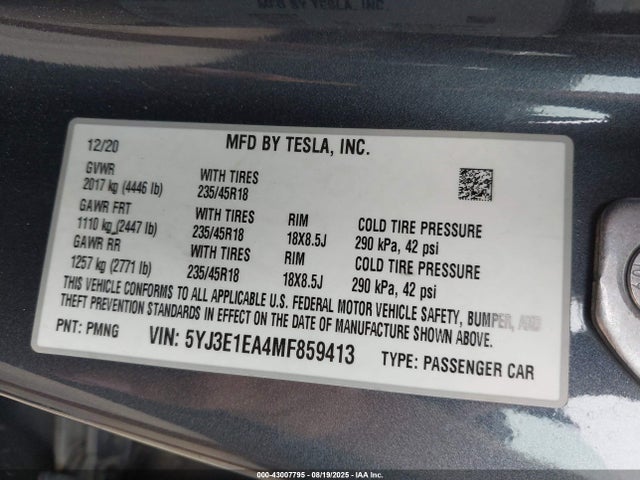 2021 TESLA MODEL 3 5YJ3E1EA4MF859413 Photo 8