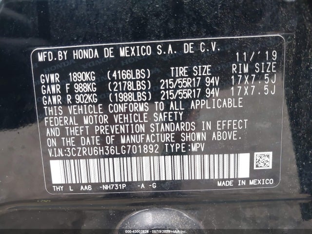 3CZRU6H36LG701892 Honda r18z9