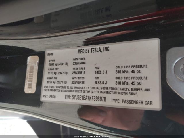 2019 TESLA MODEL 3 5YJ3E1EA7KF398978 Photo 8