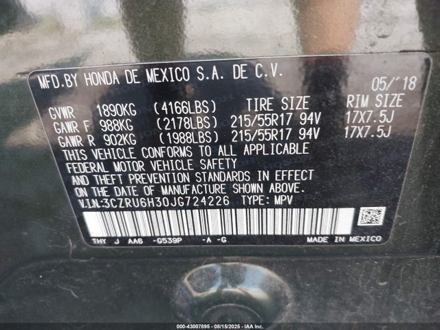 3CZRU6H30JG724226 Honda r18z9