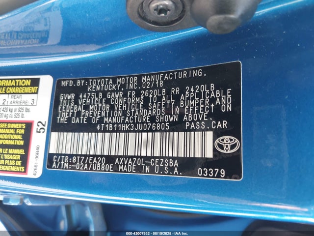 4T1B11HK3JU076805 Toyota a25a-fks