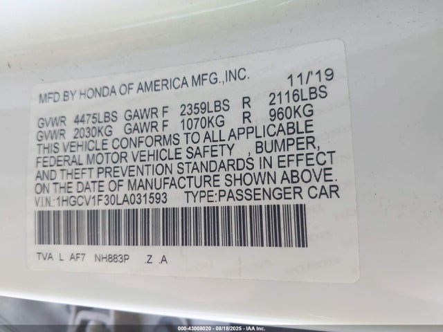1HGCV1F30LA031593 Honda Accord Sport