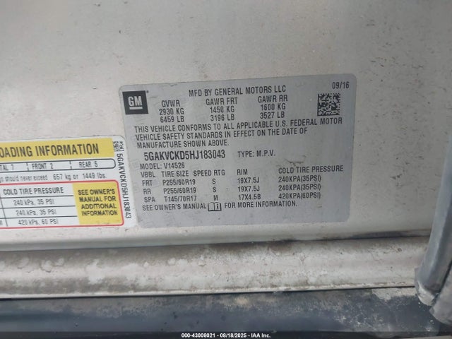 5GAKVCKD5HJ183043 Buick llt - alum, 60 degrees, sidi: spark ignited direct injection