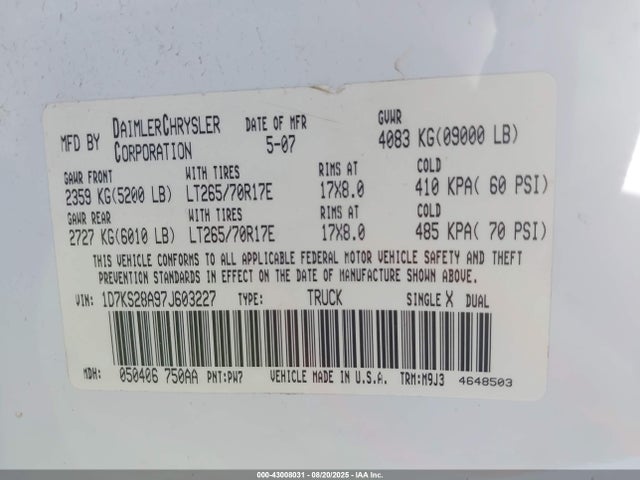 Aukcja sprzedaży 2007 Dodge Ram 2500 Slt/sport, vin: 1D7KS28A97J603227, numer aukcji: 43008031