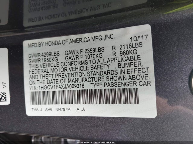 1HGCV1F4XJA009316 Honda l15be
