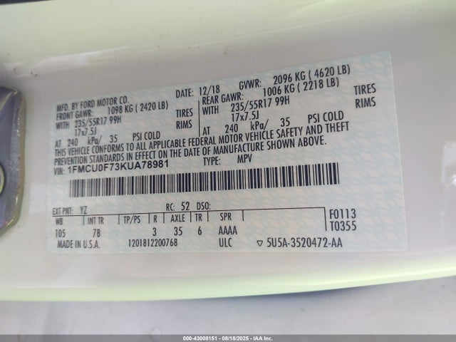1FMCU0F73KUA78981 Ford 2.5l i-vct