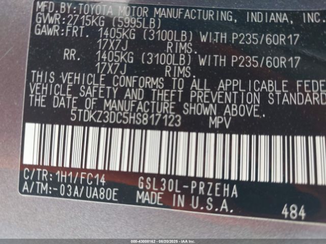 2017 TOYOTA SIENNA 5TDKZ3DC5HS817123 Photo 8