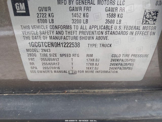 1GCGTCEN0H1222538 Chevrolet lg2 - di: direct injection, vvt: variable valve timing, alum, var2, gen2