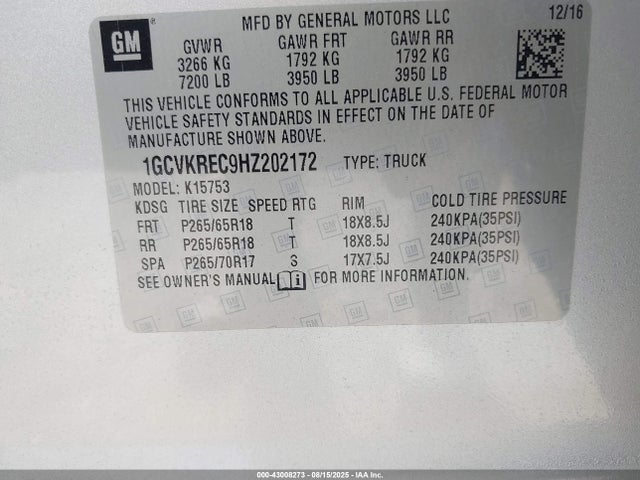 1GCVKREC9HZ202172 Chevrolet l83 - sidi: spark ignited direct injection, vvt: variable valve timing, afm, e85 max, alum