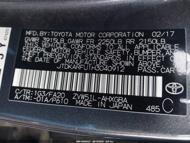 JTDKARFU1H3040912 Toyota 2zr-fxe,1nm