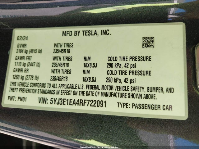 2024 TESLA MODEL 3 5YJ3E1EA4RF722091 Photo 8