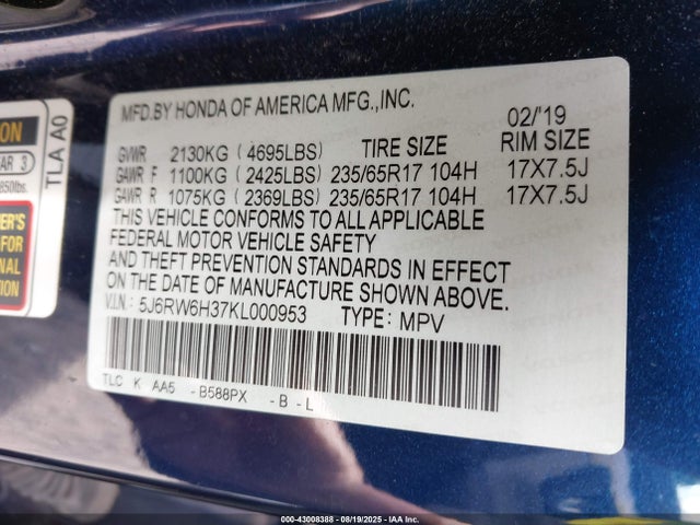 5J6RW6H37KL000953 Honda k24w9/k24v9