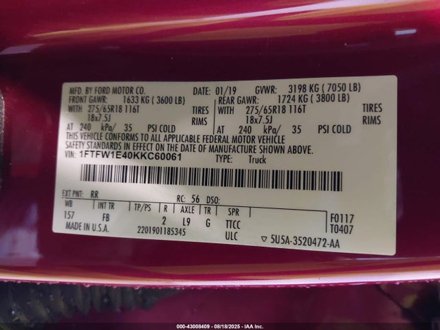 1FTFW1E40KKC60061 Ford F150