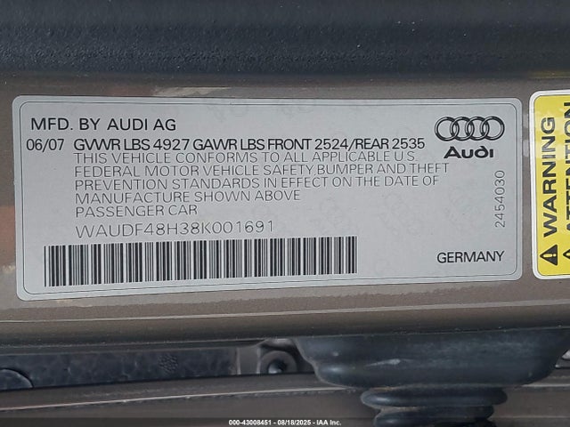 2008 AUDI A4 WAUDF48H38K001691 Photo 8
