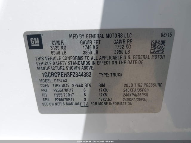 1GCRCPEH3FZ344383 Chevrolet lv3 - vvt, aluminum, e85 max