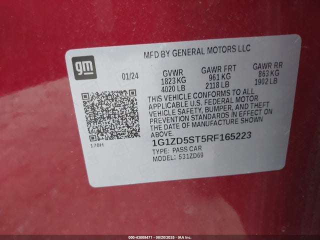 Aukcja sprzedaży 2024 Chevrolet Malibu Fwd 1lt, vin: 1G1ZD5ST2RF178348, numer aukcji: 43008471