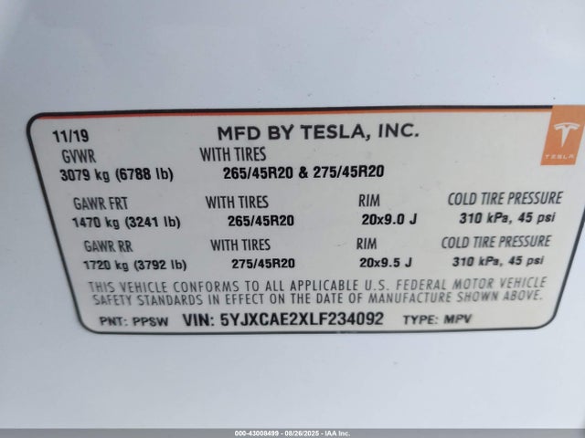 2020 TESLA MODEL X 5YJXCAE2XLF234092 Photo 8