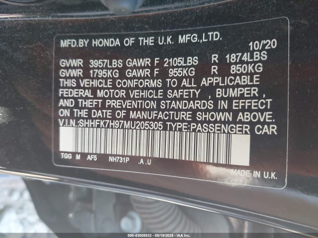 SHHFK7H97MU205305 Honda l15ba