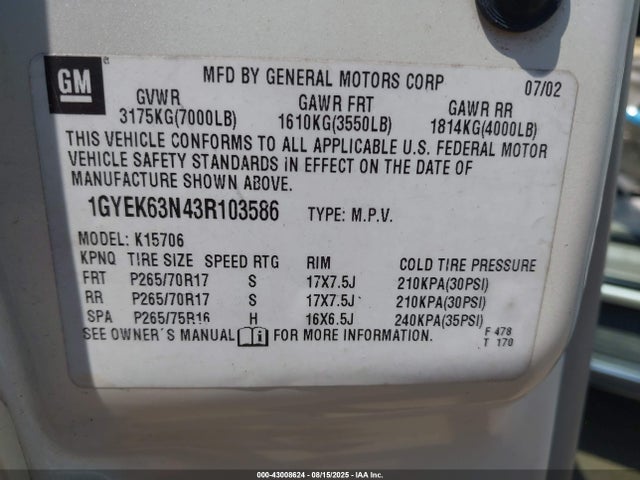 2003 CADILLAC ESCALADE 1GYEK63N43R103586 Photo 8