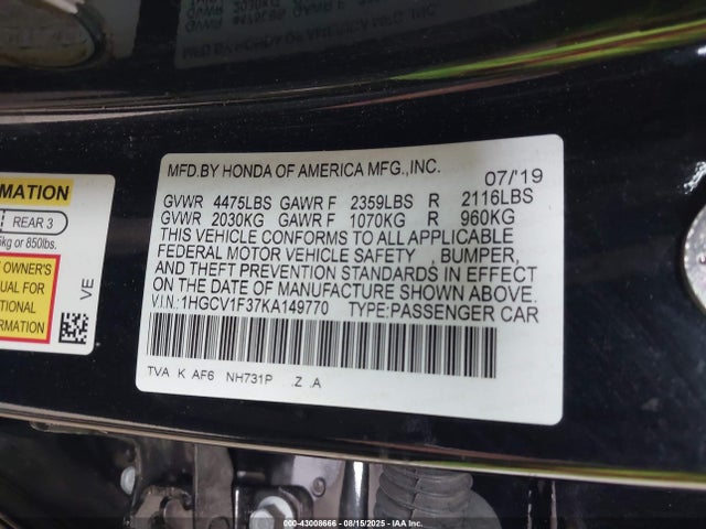 1HGCV1F37KA149770 Honda l15be