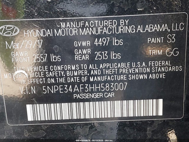 5NPE34AF3HH583007 Hyundai Sonata